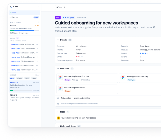 An epic open in AJIRA: the sprint and QA queue in the left rail, the issue's details, web links and child work items on one page.